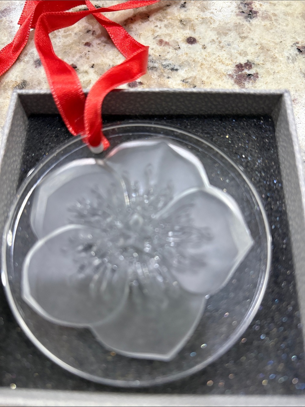 Lalique Clear Frosted Flower Ornament with Red Ribbon